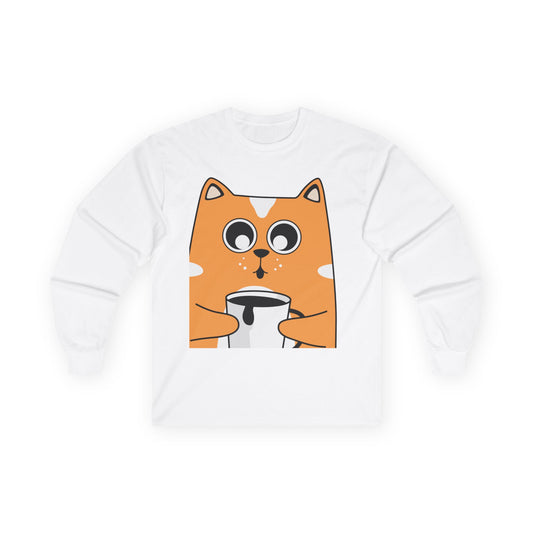 Cute Cat Coffee Unisex Long Sleeve Tee – Perfect Gift for Cat Lovers